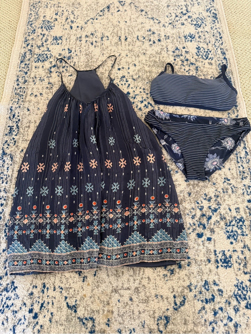 Womens Navy Embroidered Sundress & Striped Bikini Set